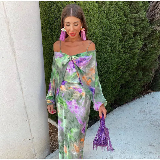 Anisten - Rochie maxi elegantă cu imprimeu Halo-Dye și eșarfă detașabilă
